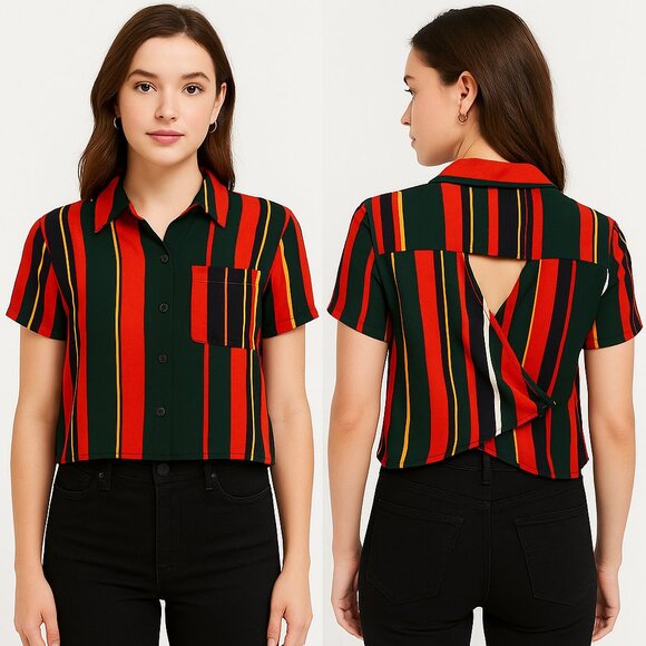 Colourful Striped Crop Shirt with Cut-Out Back Size S - Picture 1 of 16